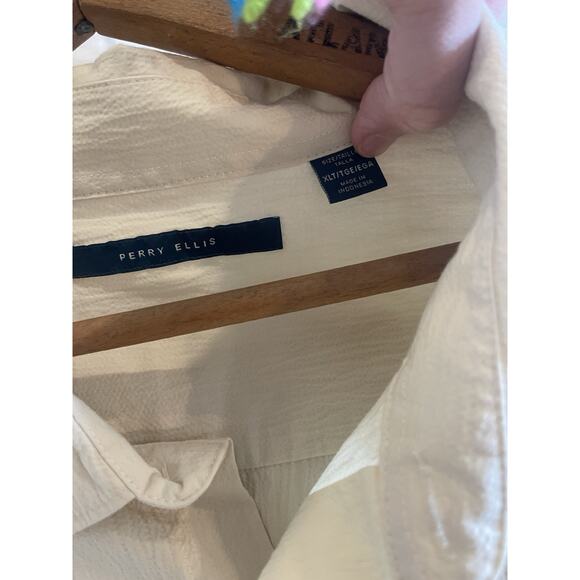 PERRY ELLIS Men's Classic Cream Textured Button Up Short Sleeve Shirt XLT - Picture 2 of 4